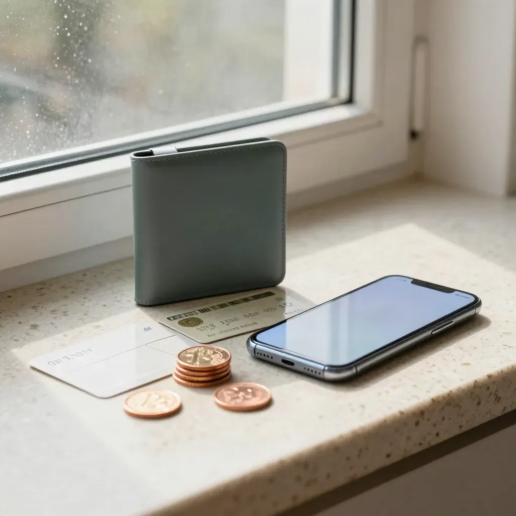Hardware wallet, bankpas, smartphonegloed en eurocenten op een regenachtige vensterbank.