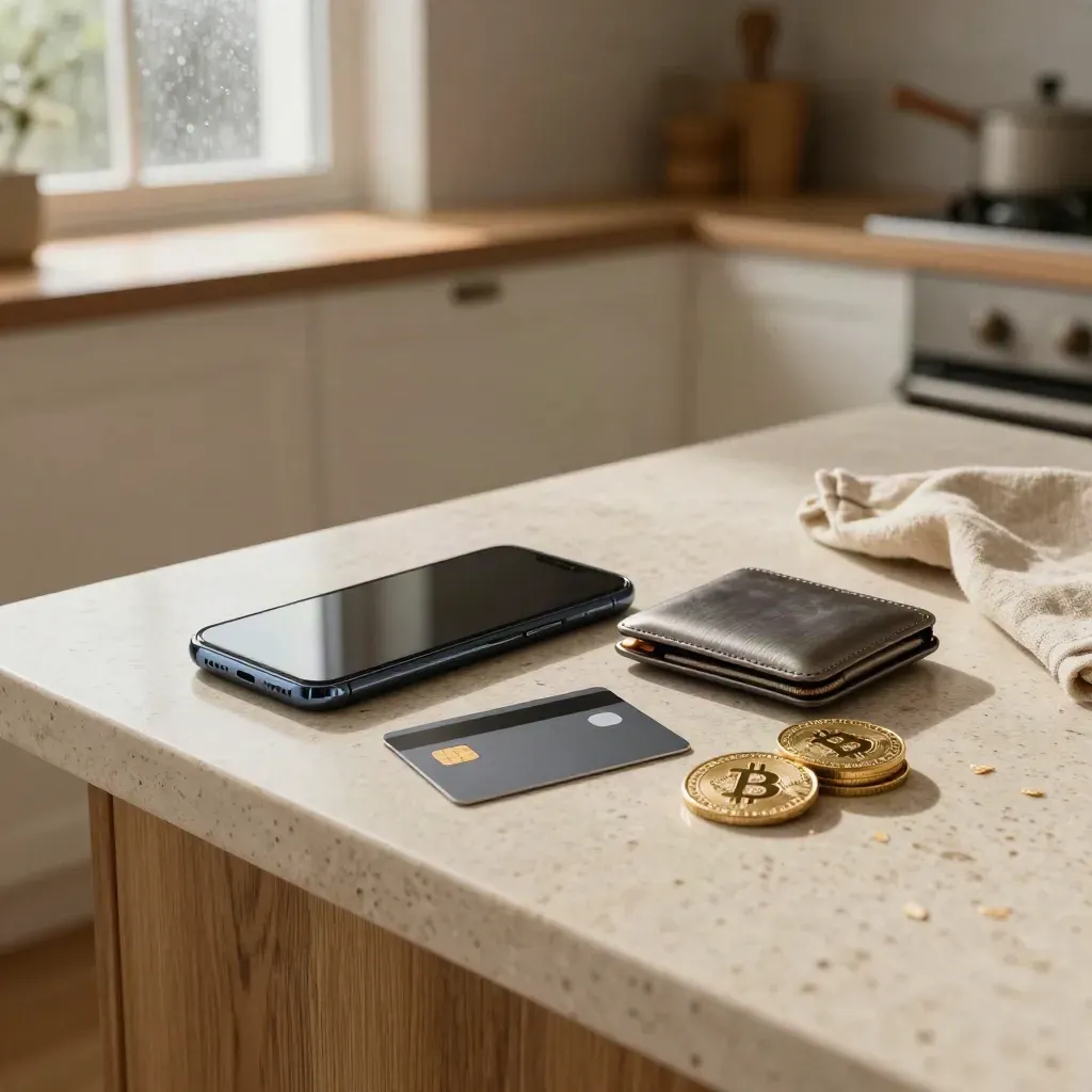 Keukentafel met smartphone, bankpas, hardware wallet en muntstapel in warm avondlicht.