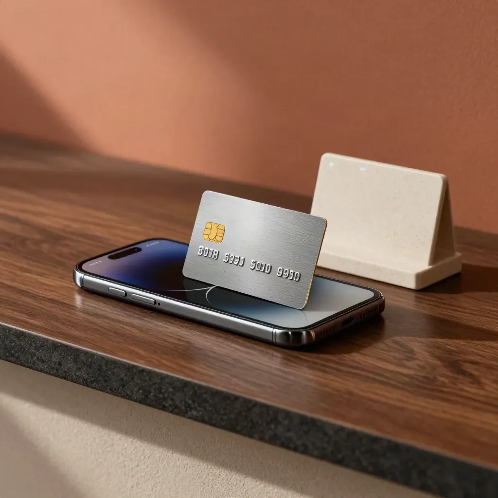 Smartphone, bankpas en betaalterminal op een donkere toonbank in stille, warme lichtval.