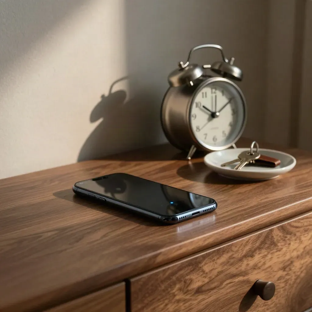 Smartphone, wekker en sleutelbakje op een donker nachtkastje met blauw meldingslicht.