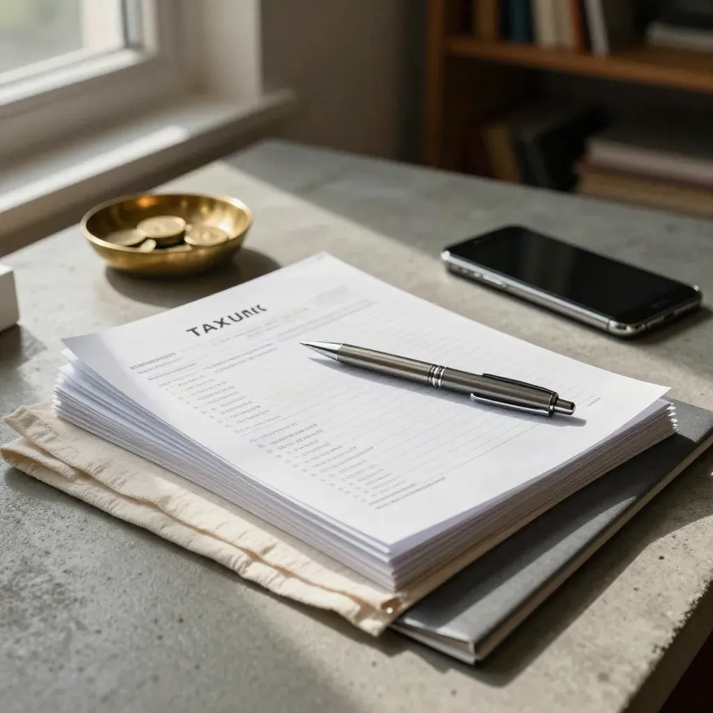 Bovenaanzicht van belastingpapieren, muntbowl en smartphone op een rustige betonnen tafel.