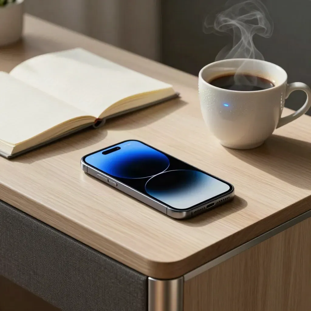Smartphone met blauwe melding naast notitieboek en koude koffiekop op licht houten bureau.