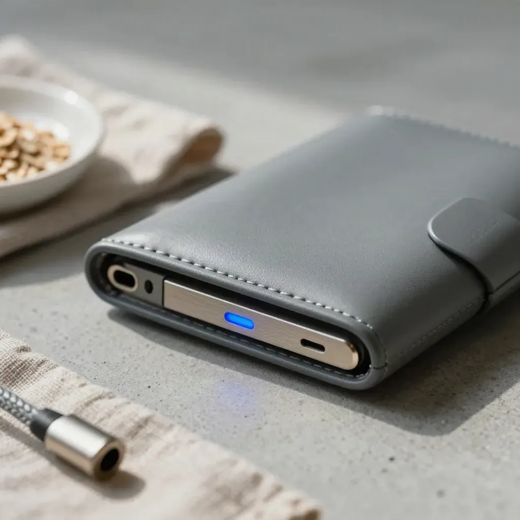 Hardware wallet naast keramisch schaaltje en linnen doek op beton met zacht blauw statuslicht.
